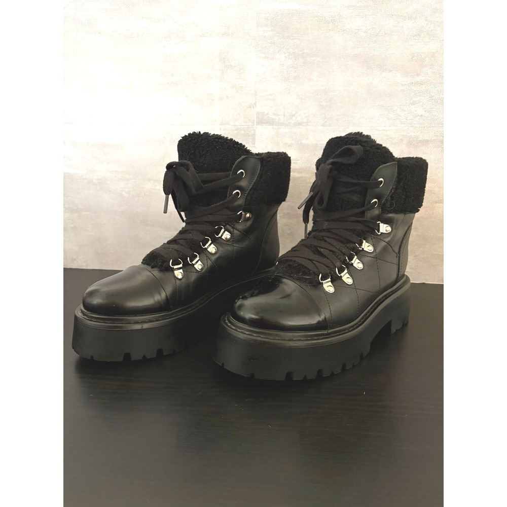NWT Reyen Combat Boots Size 7 Black Leather Faux Fur Trim Platform Lug Sole